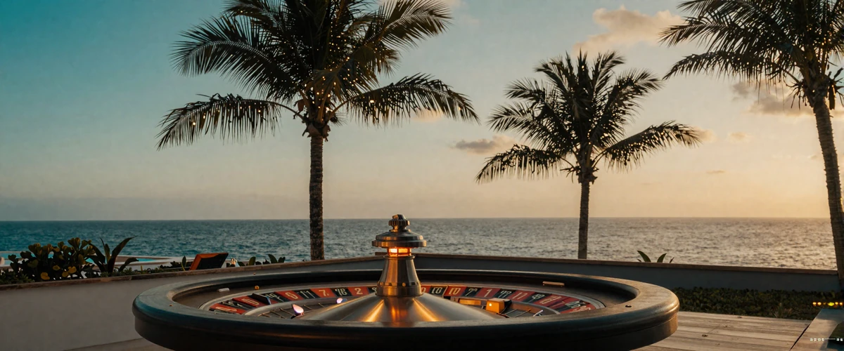 Tropische Dachterrassen-Lounge in der D&auml;mmerung mit Roulette-Silhouette - OnlySpins Live Casino