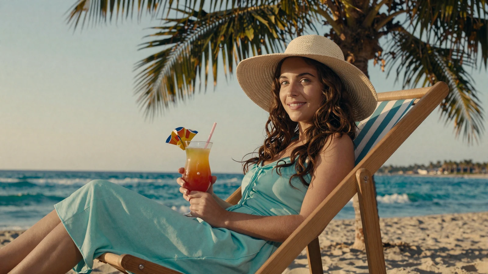 Frau mit Sonnenhut und Cocktail am Strand im Sonnenuntergang - OnlySpins Casino Bonus ohne Einzahlung