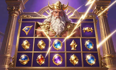 Gates of Olympus Zeus-Artwork in Gold und Lila - beliebter Online Slot bei OnlySpins