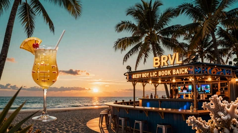 Tropische Strandbar im Sonnenuntergang - OnlySpins Casino Willkommensbonus 300% bis 4.000 Euro