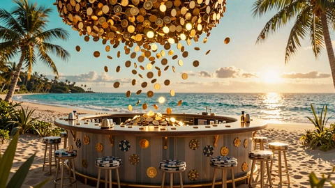 Tropische Strandbar mit goldenen M&uuml;nzen im Sonnenuntergang - 300% Willkommensbonus bei OnlySpins Casino