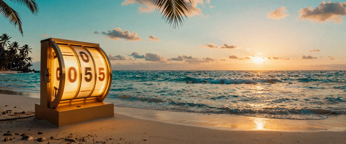 Tropischer Sonnenuntergangsstrand mit rotierender goldener Slot-Walze - Online Slots bei OnlySpins Casino