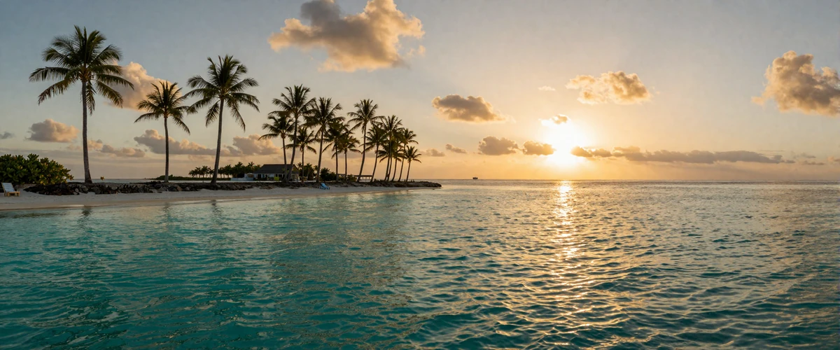 T&uuml;rkise Lagune mit Palmen im Sonnenuntergang - OnlySpins Casino Bonusaktion