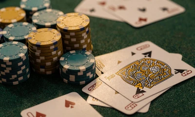 Stapel goldener Poker-Chips neben Spielkarten - Poker online im OnlySpins Live Casino