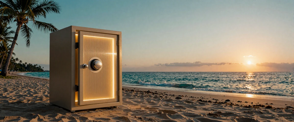 Tropischer Strand in der D&auml;mmerung mit sicherem Tresor-Motiv - sichere Zahlungen im OnlySpins Casino