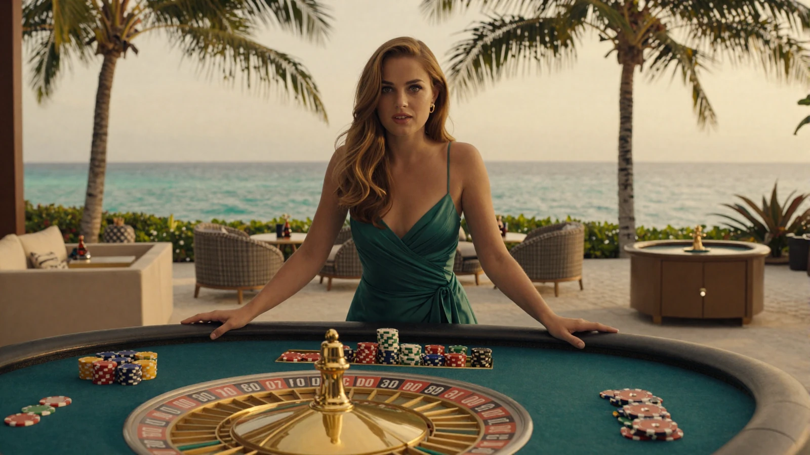 Frau im Abendkleid am Live-Roulette-Tisch in tropischer Lounge - Live Casino online bei OnlySpins