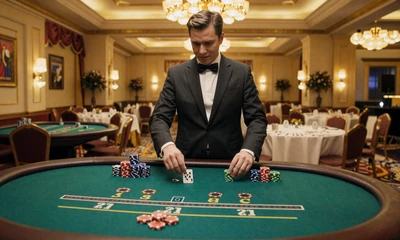 Live-Blackjack-Tisch mit Dealer im warmen Licht - Live Casino bei OnlySpins